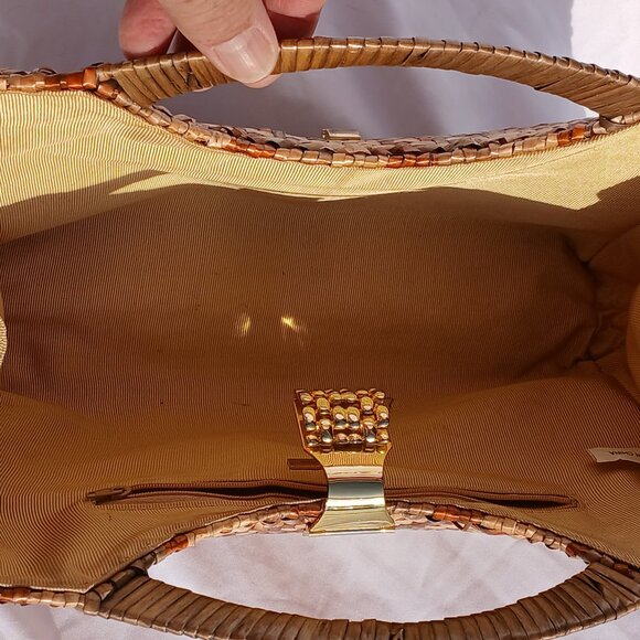RARE Vintage Neiman Marcus Wicker Rattan Top Latch Closure Woven Tan Handbag - Picture 4 of 5